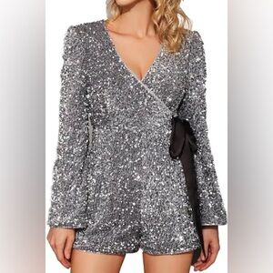 EXTRO&VERT Silver Sequin Romper Sparkly Bell Sleeve Playsuit Party